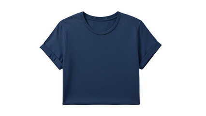Blank navy blue crop top t-shirt mockup with rolled sleeves on white background