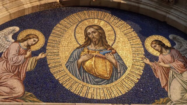Jesus with Sacred Heart and kneeling angel mosaic. Religious Christian art with golden details and deep blue background for cathedral facade.