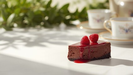 Chocolate baked cheesecake squares with sweet berry sauce on top, rich in saturated fats, as a snack, World Food Day