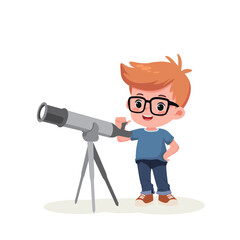 kid boy look at telescope cartoon vector illustration