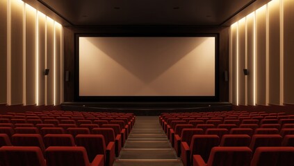 Theater interior with vacant projection screen, designed for audience seating and cinematic display