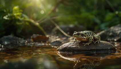 Obraz premium Northern Leopard Frog resting on aquatic vegetation, highlighting freshwater ecosystem health