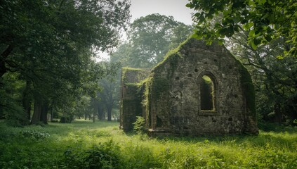 Fototapeta premium Ancient chapel remains within a lush park landscape, heritage conservation