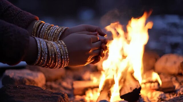 Close-up of woman warming hands with golden bangles over a campfire. Female rubbing palms near burning bonfire flames in cold snowy winter weather. Outdoor camping and traditional jewelry concept