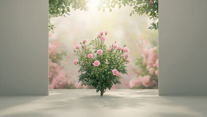 Rose bush with pink flowers on a floral background, ideal for nature-themed text overlays