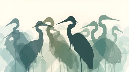 a stork, with overlapping silhouettes of storks in various analogous colors,