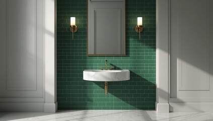 Modern bathroom with green tiled walls, gold lighting, and marble sink, focusing on interior decor, World Bathroom Day