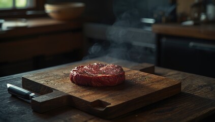 Beef steak prepared on a plate, serving as a background for culinary layout or food styling