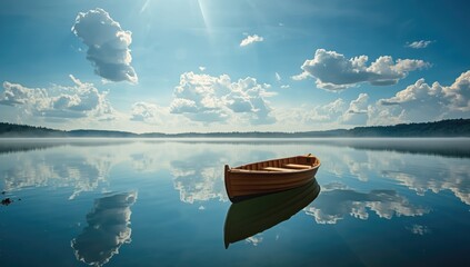 Calm lake scene featuring a wooden boat and expansive cloud-filled sky, suitable for nature and leisure backgrounds