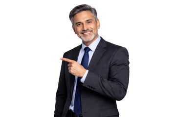 Smiling businessman pointing on transparent background, confident middle aged man in dark suit, corporate presentation gesture, copy space concept