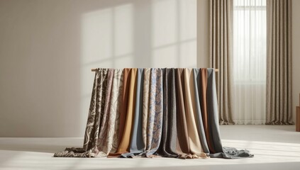 Swatches of material for curtains, focusing on texture and color options