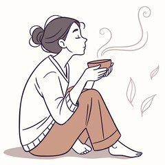 Minimalist vector illustration of a melancholic woman enjoying a cup of coffee