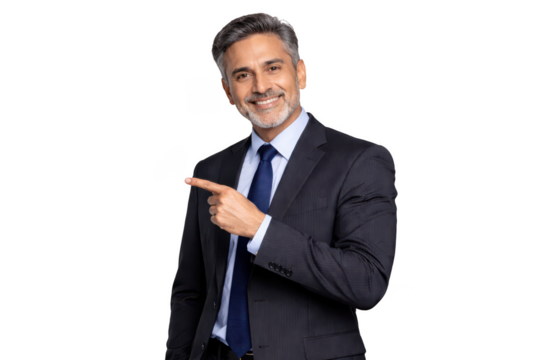 Smiling businessman pointing on transparent background, confident middle aged man in dark suit, corporate presentation gesture, copy space concept
 - Powered by Adobe
