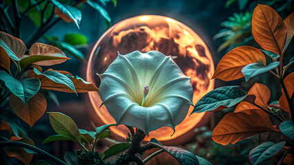 Enchanting white bloom illuminated by a vibrant, celestial moon amidst lush nocturnal foliage