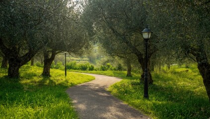 Fototapeta premium Olive grove trail with lush grass and a light pole, designed for peaceful retreat imagery