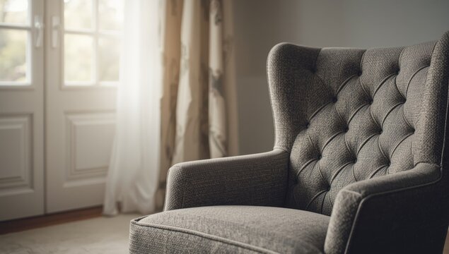 Detail shot of a grey brown upholstered chair, suitable for furniture maintenance and cleaning