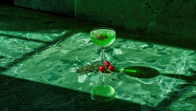 Mixed drink featuring absinthe, cranberries, rosemary, and brown sugar served on a mirrored surface, cocktail presentation
