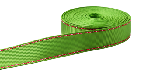 A straight strip of green textured grosgrain fabric ribbon banner isolated on a clean white or transparent background.