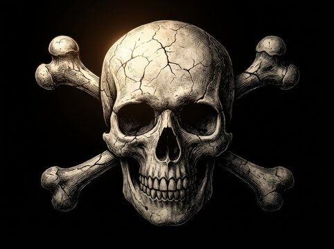 An ominous, high-contrast digital illustration of a cracked human skull and weathered crossbones, dramatically lit and symbolizing danger, isolated on a deep black field. - Powered by Adobe