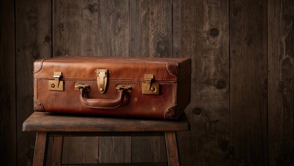 Old-fashioned suitcase resting on a rustic wooden stool against a textured wood backdrop, highlighting vintage style