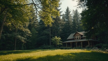 Forest house with rustic design, focusing on preservation and natural surroundings