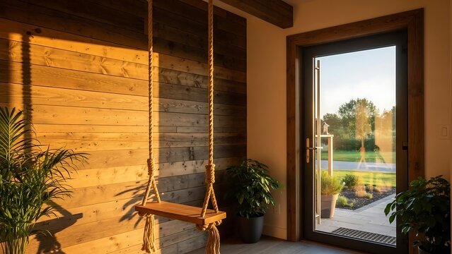 Cozy indoor swing with outdoor view.
