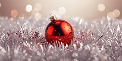 Christmas ornament, red sphere on metallic tinsel, holiday decor, winter celebration