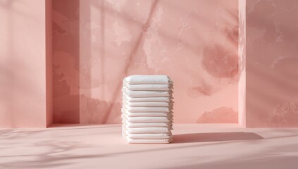 Nursery scene with stacked diapers on pink abstract background, suitable for baby care layout
