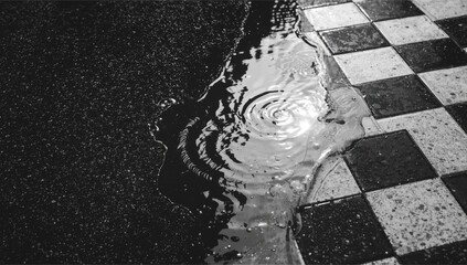 Rainwater accumulation on pedestrian pavement, erosion hazard in city scenes