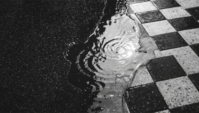 Rainwater accumulation on pedestrian pavement, erosion hazard in city scenes