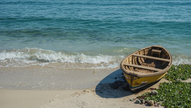 Stranded yellow boat wreck with seaweed accumulation on shoreline, ideal for marine maintenance background - Powered by Adobe