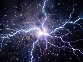 Dramatic blue and purple electrical energy strikes the center, exploding with brilliant sparks in a high-speed abstract visualization on a dark field.