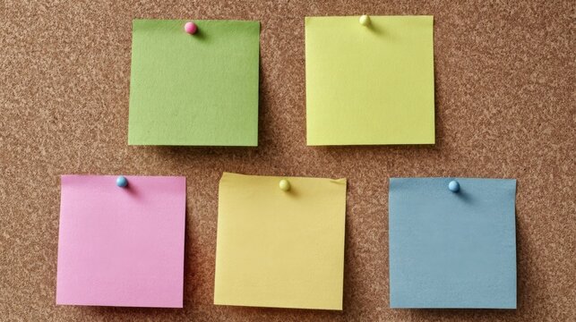 Five colorful square sticky notes pinned on a corkboard surface with matching pins,