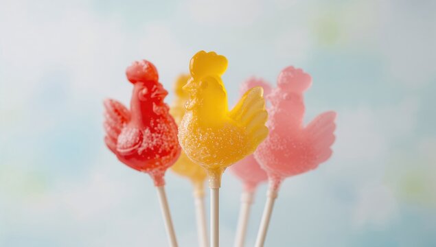 Candy featuring no-sugar added isomalt lollipops with cockerel designs, suitable for healthy snack options