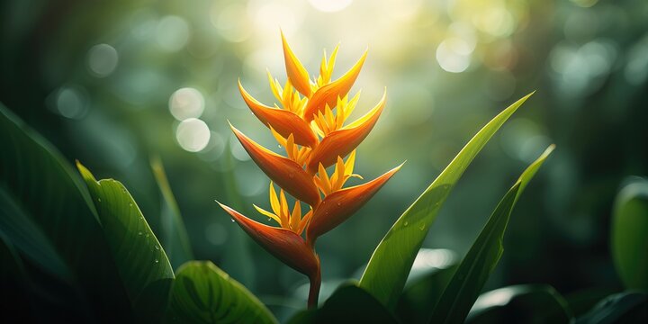 Bright yellow heliconia flowers enhancing a tropical landscape, illustrating air pollution absorption, Earth Day