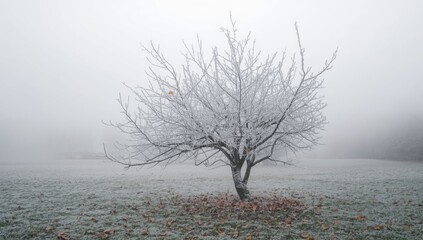 Frozen branches of an apple tree with autumn leaves in the garden, highlighting winter transition
