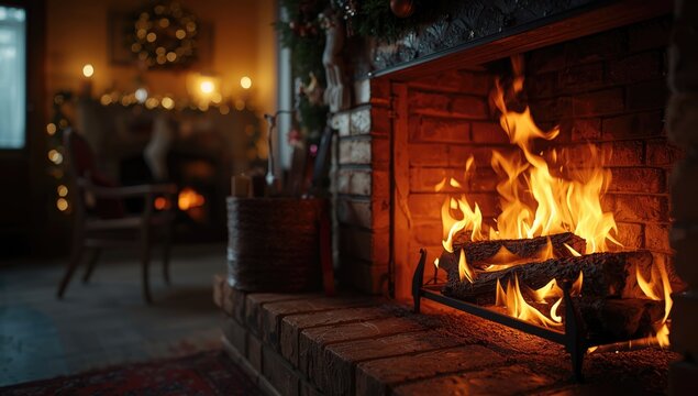 Festive yule log on fire in a warm fireplace, Christmas tradition