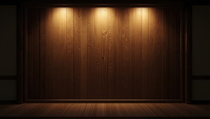 Wooden lath wall with warm incandescent lighting, suitable for rustic interior settings, no holiday observed