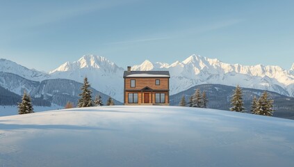Residential building facade set against a mountain landscape during winter, highlighting climate adaptation
