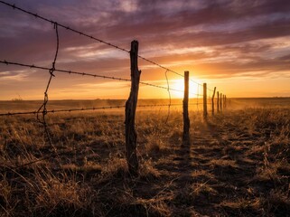 A dramatic, low-angle view captures a rustic barbed wire fence line stretching across a dry, golden field toward the warm, setting sun on the rural horizon.