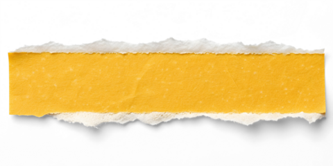 A strip of textured yellow paper with realistic torn edges, blank for text isolated on a white or transparent background.