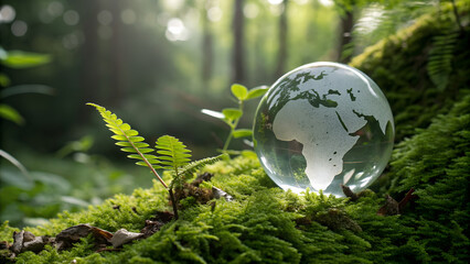 A pristine glass globe representing earth nestled in lush green moss in a vibrant forest