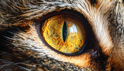 Intense macro of a cat's amber eye, showcasing intricate iris details and textures near fur, light reflecting
