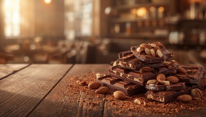 Chocolate bars and chocolate powder on table, illustrating ingredient handling in confectionery production