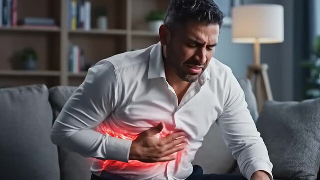 Man Experiencing Abdominal Pain Medical Symptom Awareness