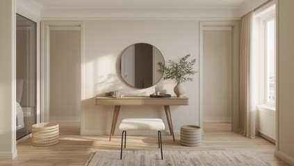 Contemporary apartment bedroom featuring a sleek vanity and circular mirror, suitable for interior decor presentations