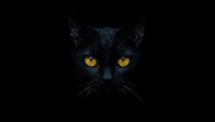Obraz premium Dark scene featuring a black cats eyes glowing yellow, highlighting night-time sensory adaptation
