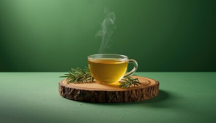Wooden surface with a steaming rosemary tea cup on green backdrop, focusing on natural beverage preparation