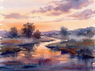 A serene watercolor painting captures a misty river flowing through a rural landscape, reflecting the dramatic orange and purple sky at dawn.