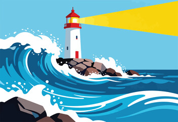 White tower with red cap, emitting a yellow beam, stands on rocks against a blue sky